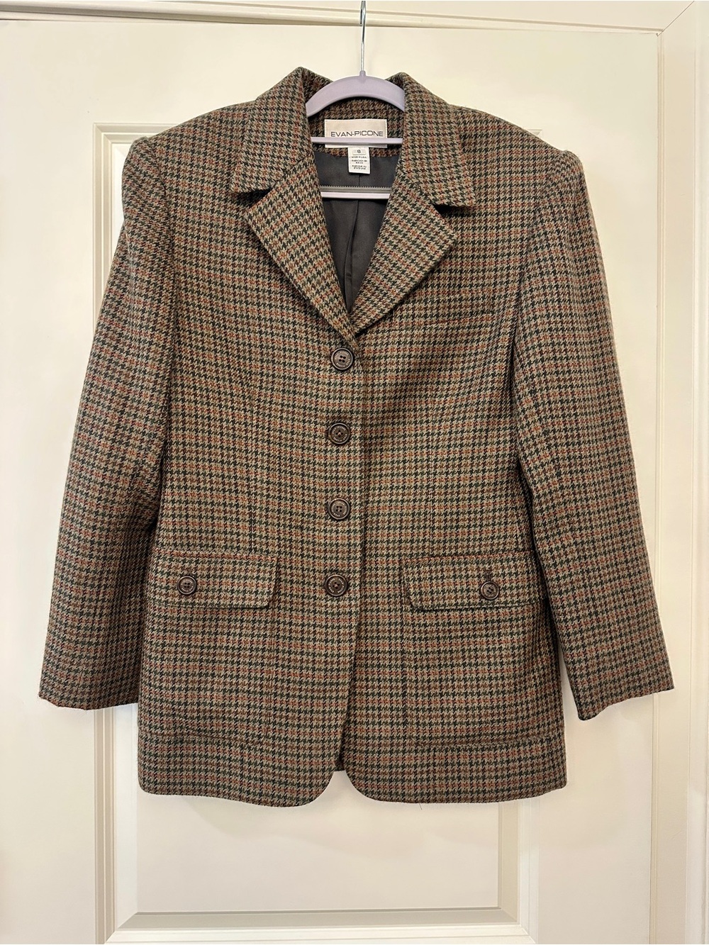 Evan Picone Women's Brown Houndstooth 100% Wool Blazer Jacket